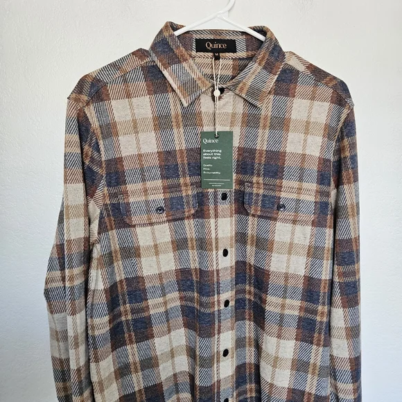 NWT Quince | Plaid Stretch Soft Fleece Button Up Shirt Brown, Mens Medium - Picture 3 of 6